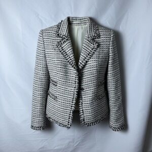 MAG ONE PARIS 1963 Womens Tweed Blazer Jacket Black White Fringed Collar‎ Button